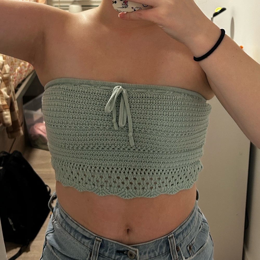 Hollister Sage Green Strapless Crochet Crop Top